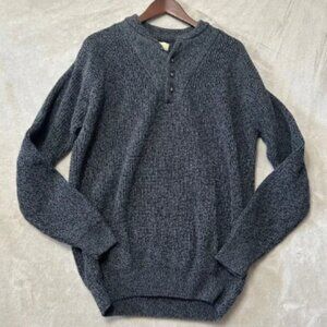Cabelas Chunky Knit Sweater Size L Gray Henley Mock Button Fishermans Cotton